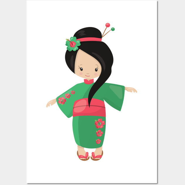 Japanese Girl, Japan, Cute Girl, Green Kimono Wall Art by Jelena Dunčević